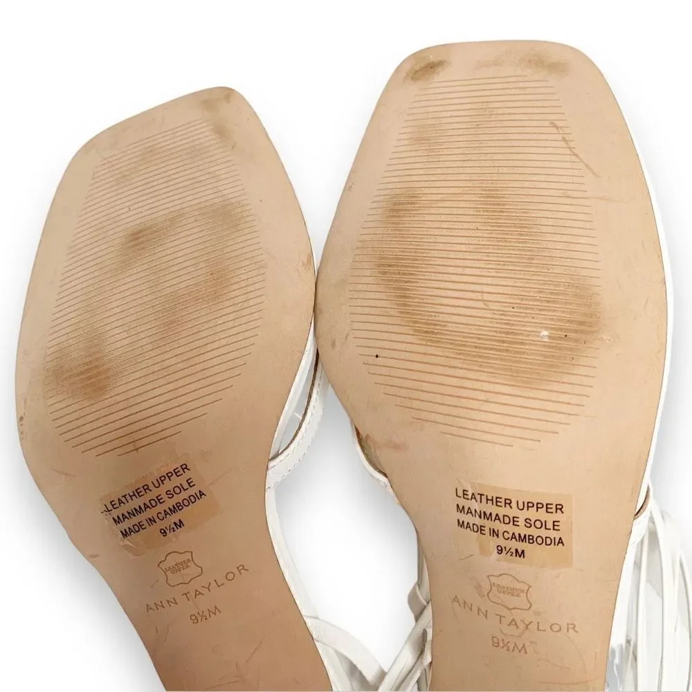 Ann Taylor White Leather Strappy Ankle Wrap Square Toe Sandal Heels Women’s 9.5M